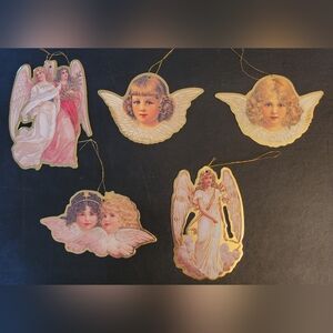5 Vintage Gold Trim Angel Cherub Paper Cardboard Christmas Ornament Diecut